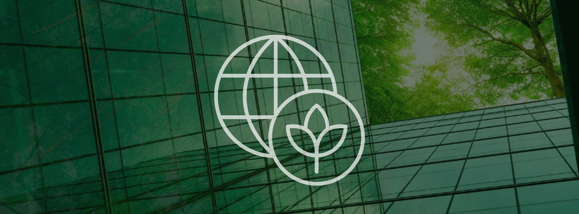 Earth Sustainability icon over green tree building