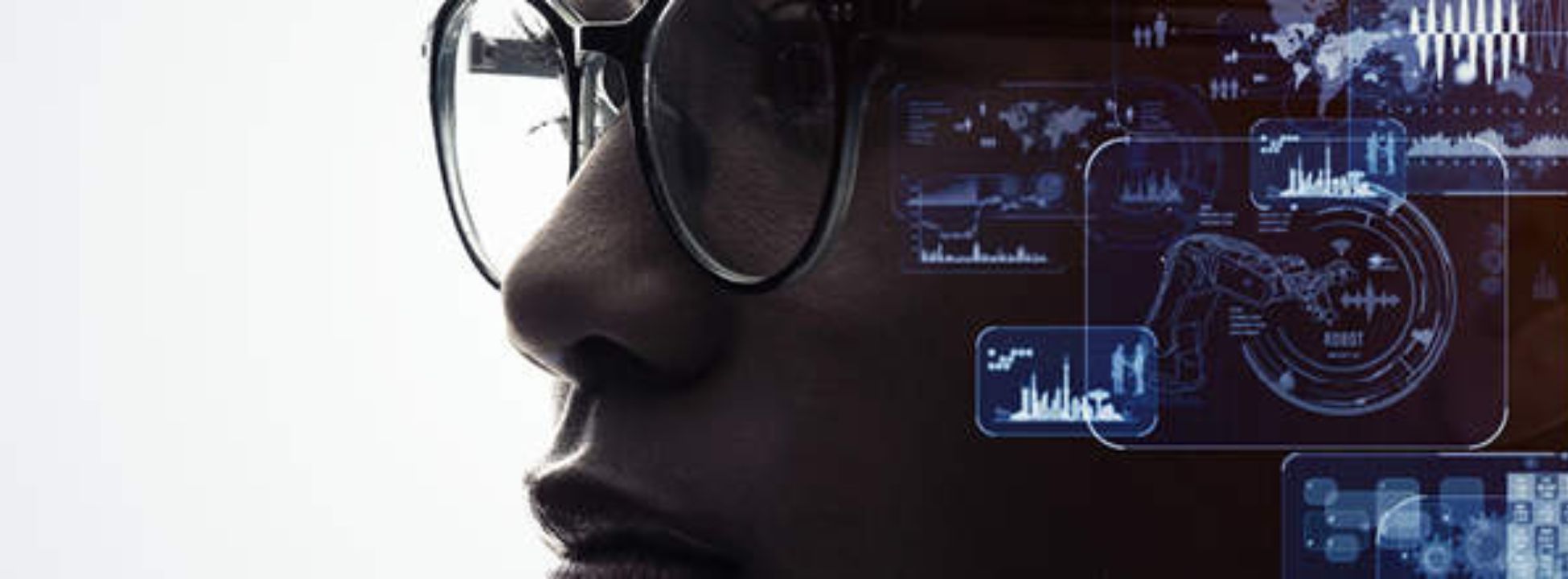close up of woman with technology blueprint icons