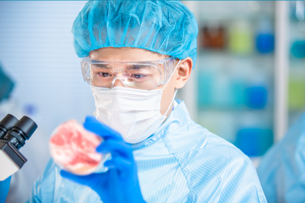 Scientist, wearing protective lab gear, holding a petri dish with raw meat-like sample in front of a microscope