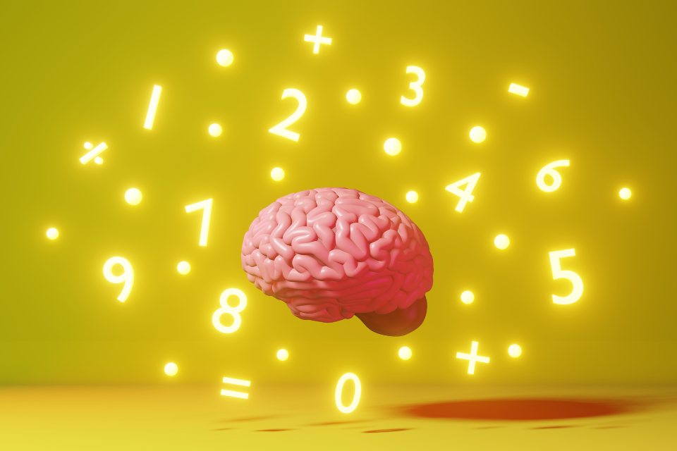 Graphic of a brain surrounded by math symbols and numbers against a yellow background.