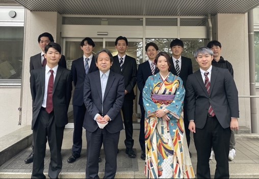 Prof Masato’s dedicated team of researchers celebrating a graduation in March 2023.