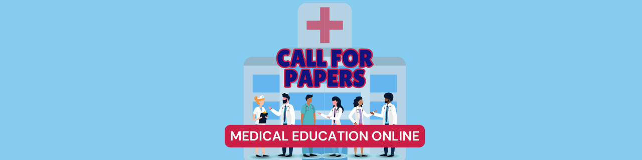 Medical Education Online Call for Papers Hospital Background with red cross on top and group of doctors in front