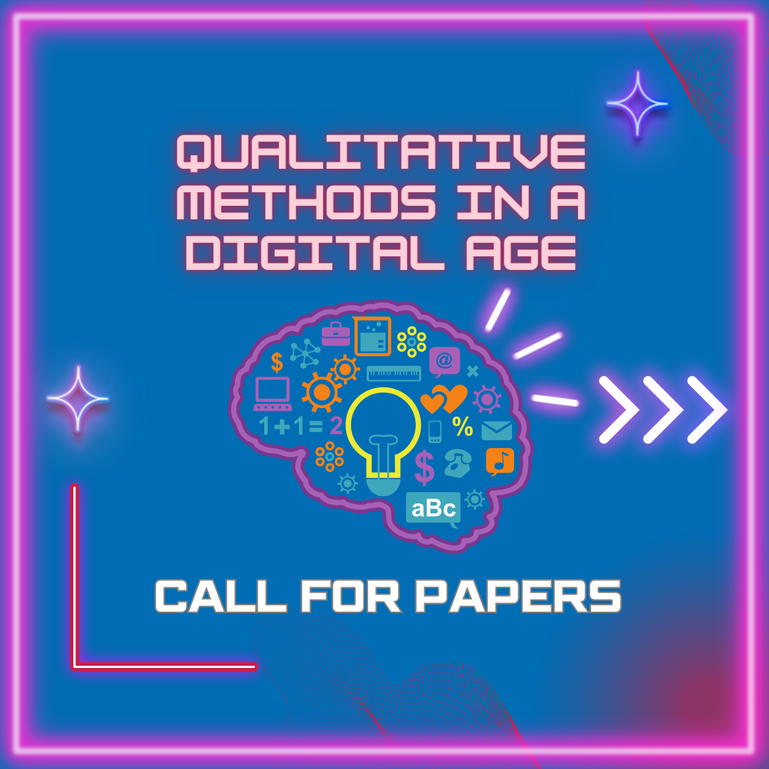 Health & Society Journals Qualitative Methods in a Digital Age Call for Papers Pink neon border with blue backgroun with a pink neon brain in center