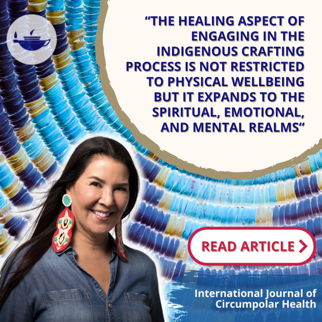 Indigenous woman with long dark hair and wearing blue shirt smiling against Native American woven blue basket. Quote "“The healing aspect of engaging in the Indigenous crafting process is not restricted to physical wellbeing but it expands to the spiritual, emotional, and mental realms” Quote from article from the Health & Society Journals collection