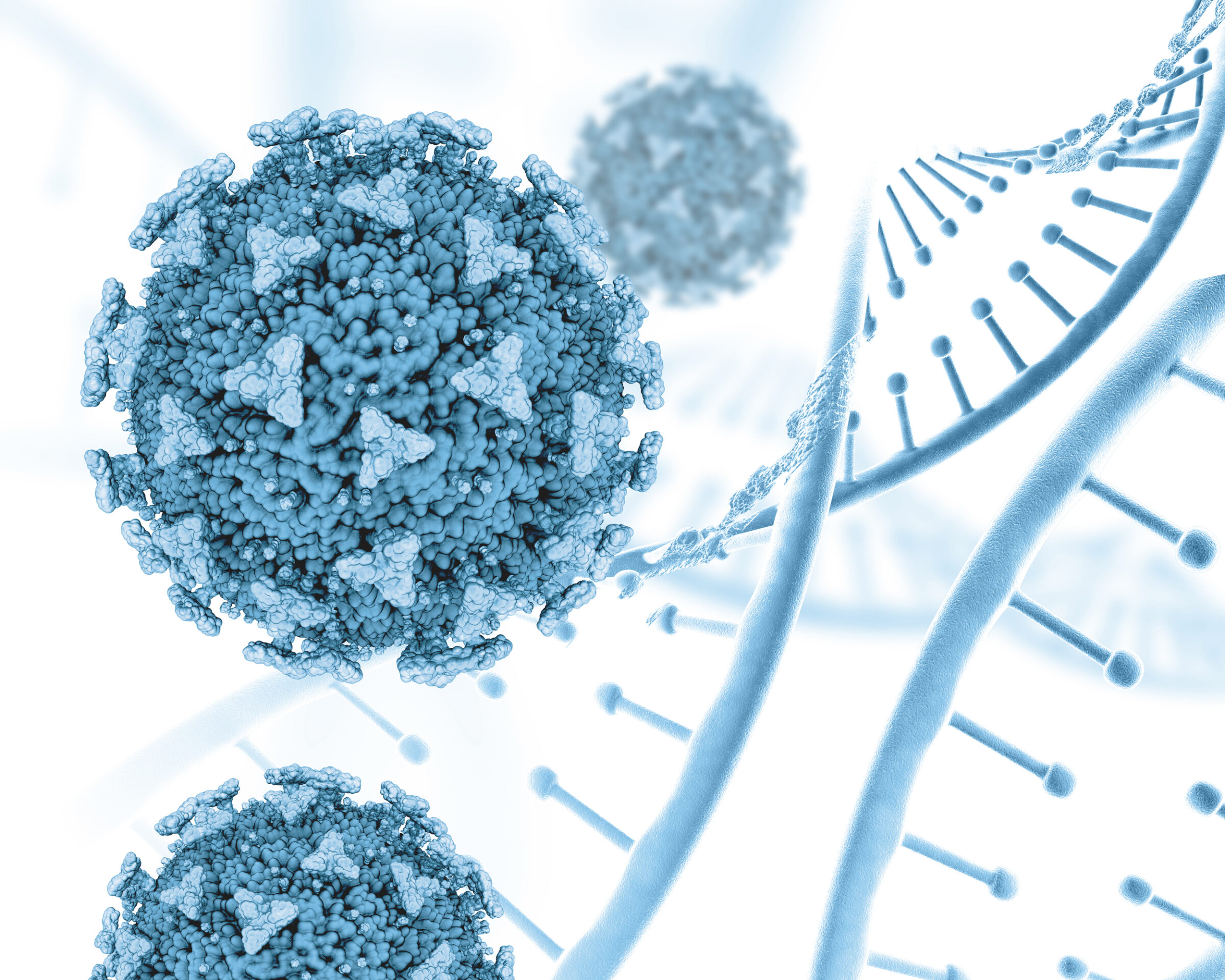 3D medical background with DNA strands and Covid 19 cells