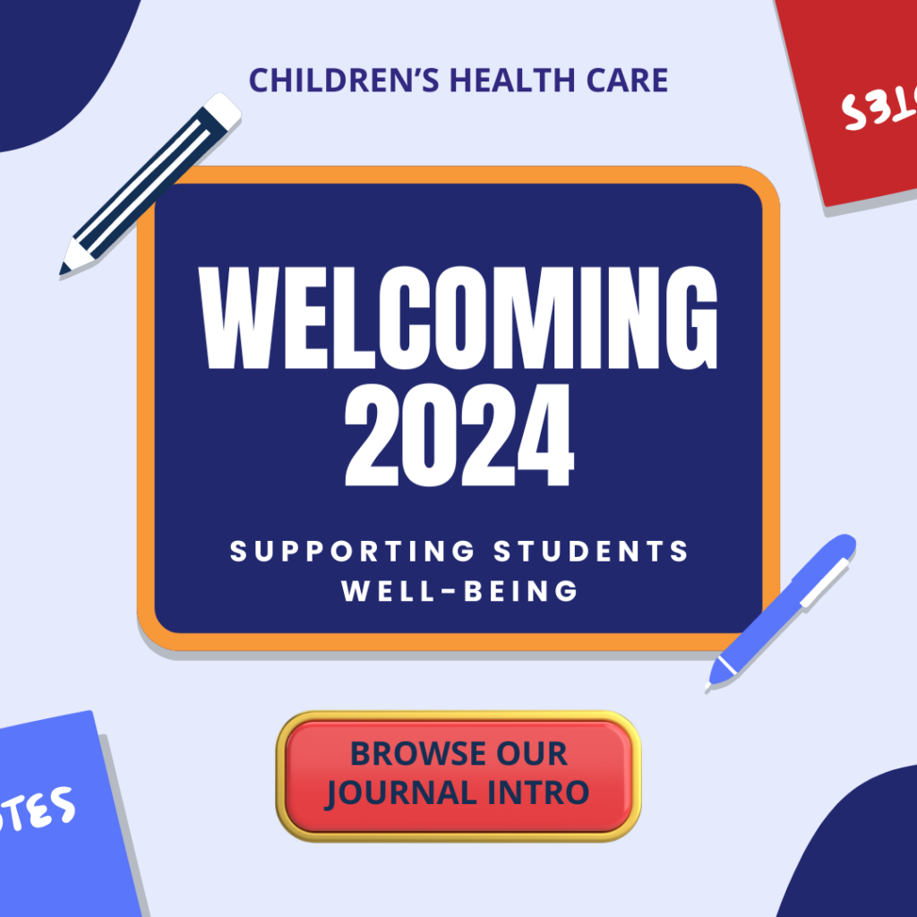 White welcoming 2024 text on a black chalkboard on a blue background with pencils, pens, and journals. White text that says supporting students well being. Red button that says browse our journal intro