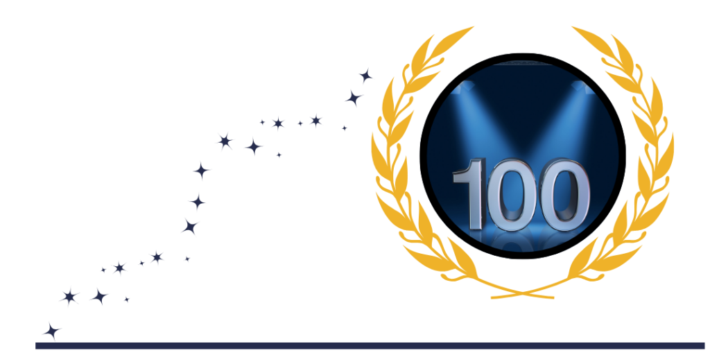 number 100 with blue spotlight in a circle surrounded by gold leaves