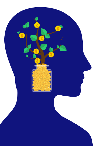Blue face side profile with coin tree planted inside head
