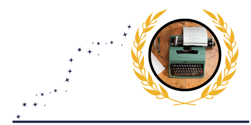 Blue typewriter with gold leaves and black border on bottom