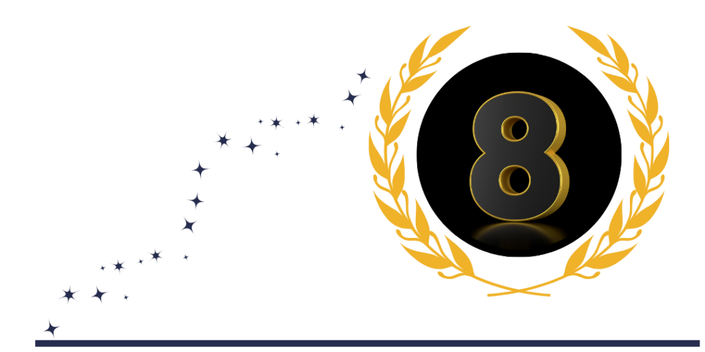 black and gold number eight with gold leaves