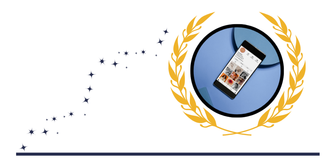mobile phone with social media screen in a blue circle surrounded by gold leaves