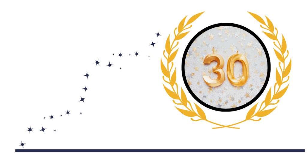 Gold number 30 in a circle surrounded by gold leaves
