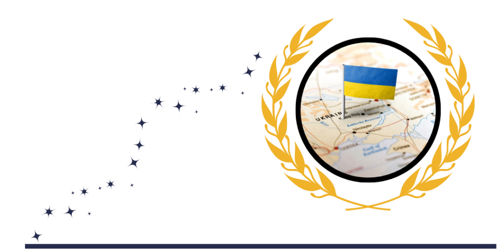 Yellow and blue Ukraine flag on a map in a circle surrounded by gold leaves