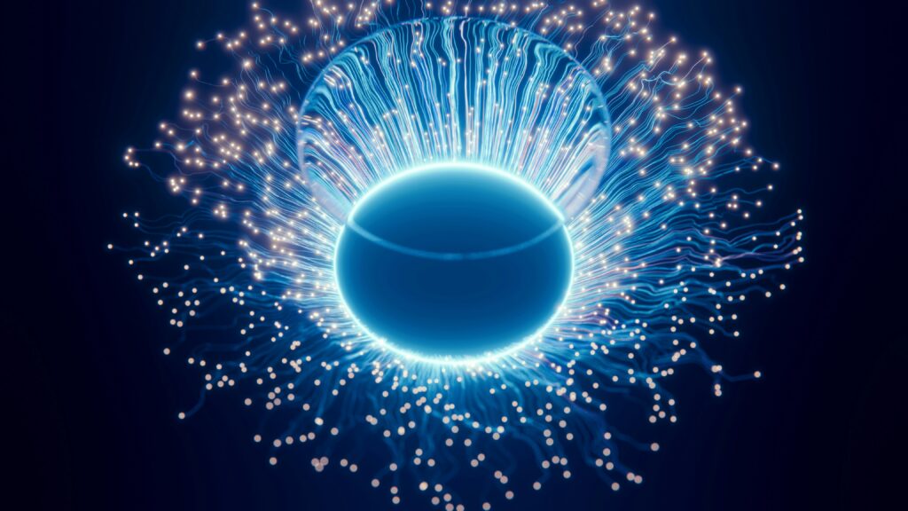 A blue firework ball on a black background.