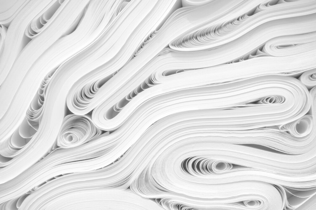 Paper piled and rolled tightly. 