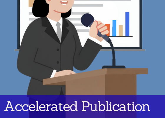 Professional presenting research findings at a podium, representing fast dissemination of scientific results